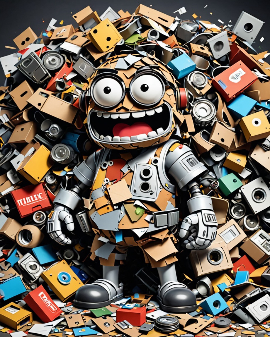Matman mascot smiling among a pile of assorted parts